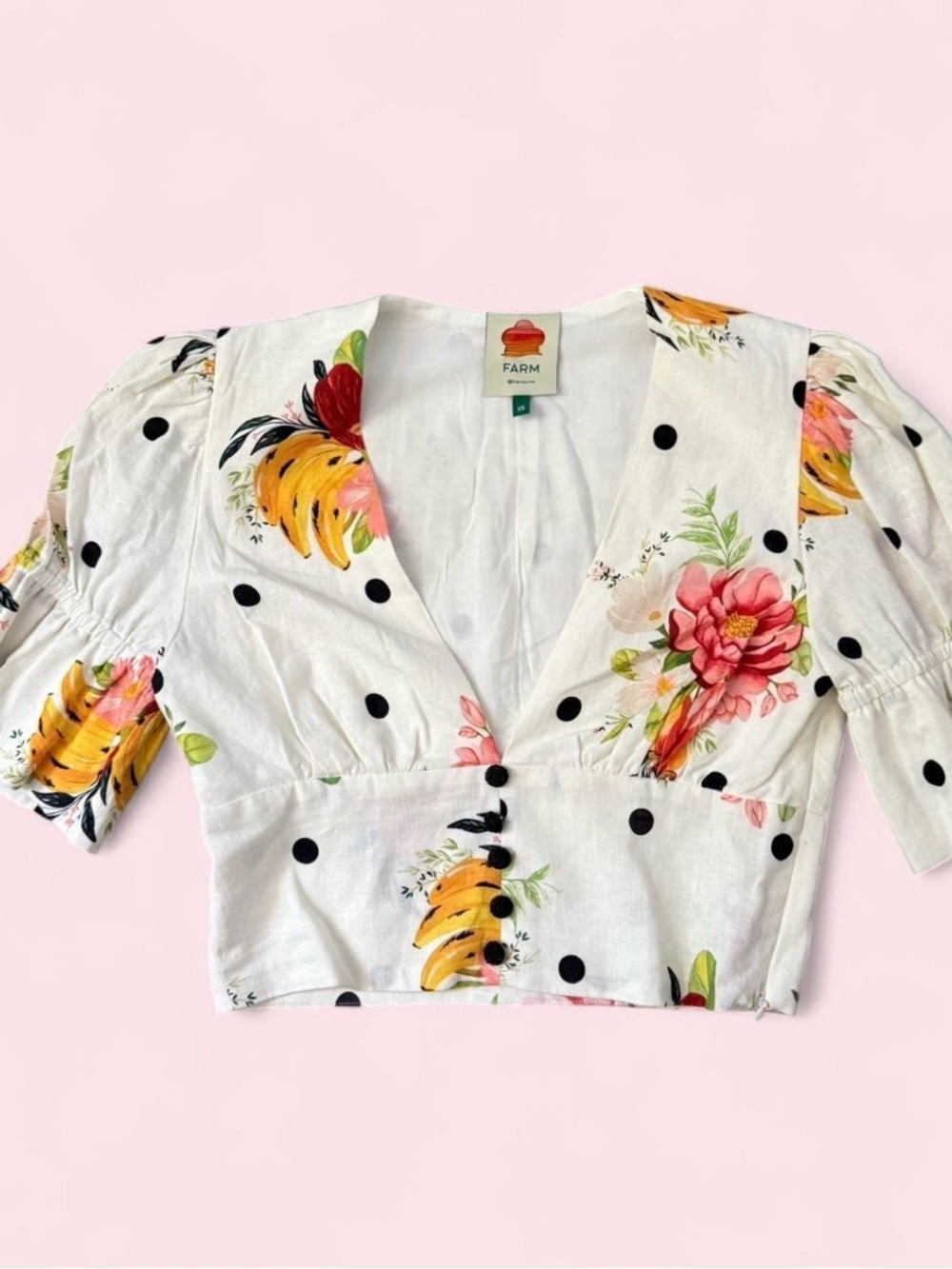 FARM Rio White Floral & Black Polka Dot V-Neck Crop Blouse